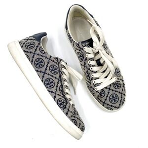 Tory Burch T Monogram Sneakers Logo Tan Blue Jacquard Platform Tennis Shoes Sz 7